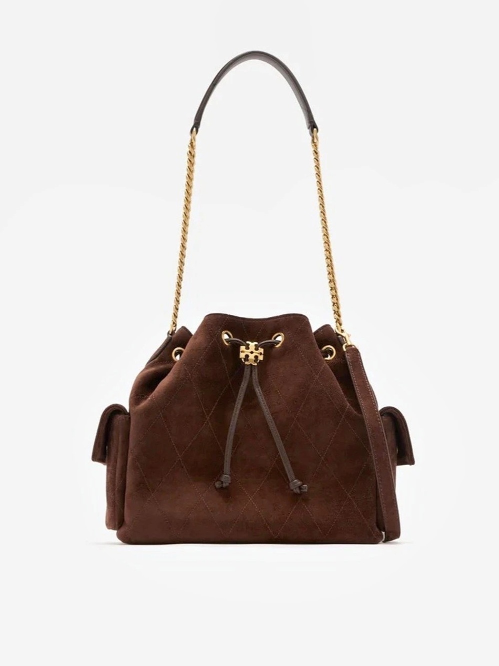 Tory Burch Charlie Quilted Suede Drawstring Shoulder Bag Brown